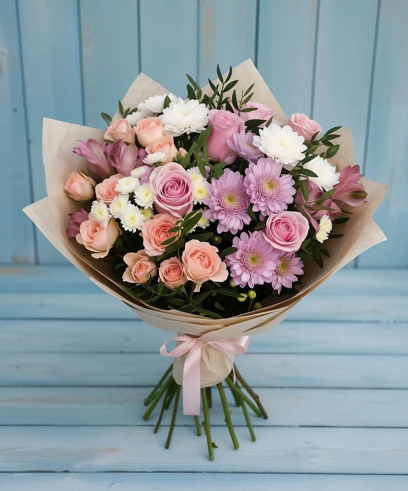 Букет цветов из: Хризантемы, Розы и Альстромерии в Уруссу