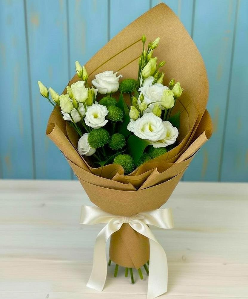 Букет цветов из: Хризантемы и Лизиантусы в Уруссу