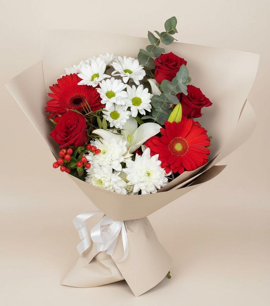 Букет цветов из: Розы, Хризантемы, Герберы и Лилии в Уруссу