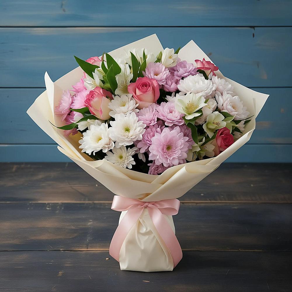 Букет цветов из: Хризантемы, Альстромерии и Розы в Уруссу